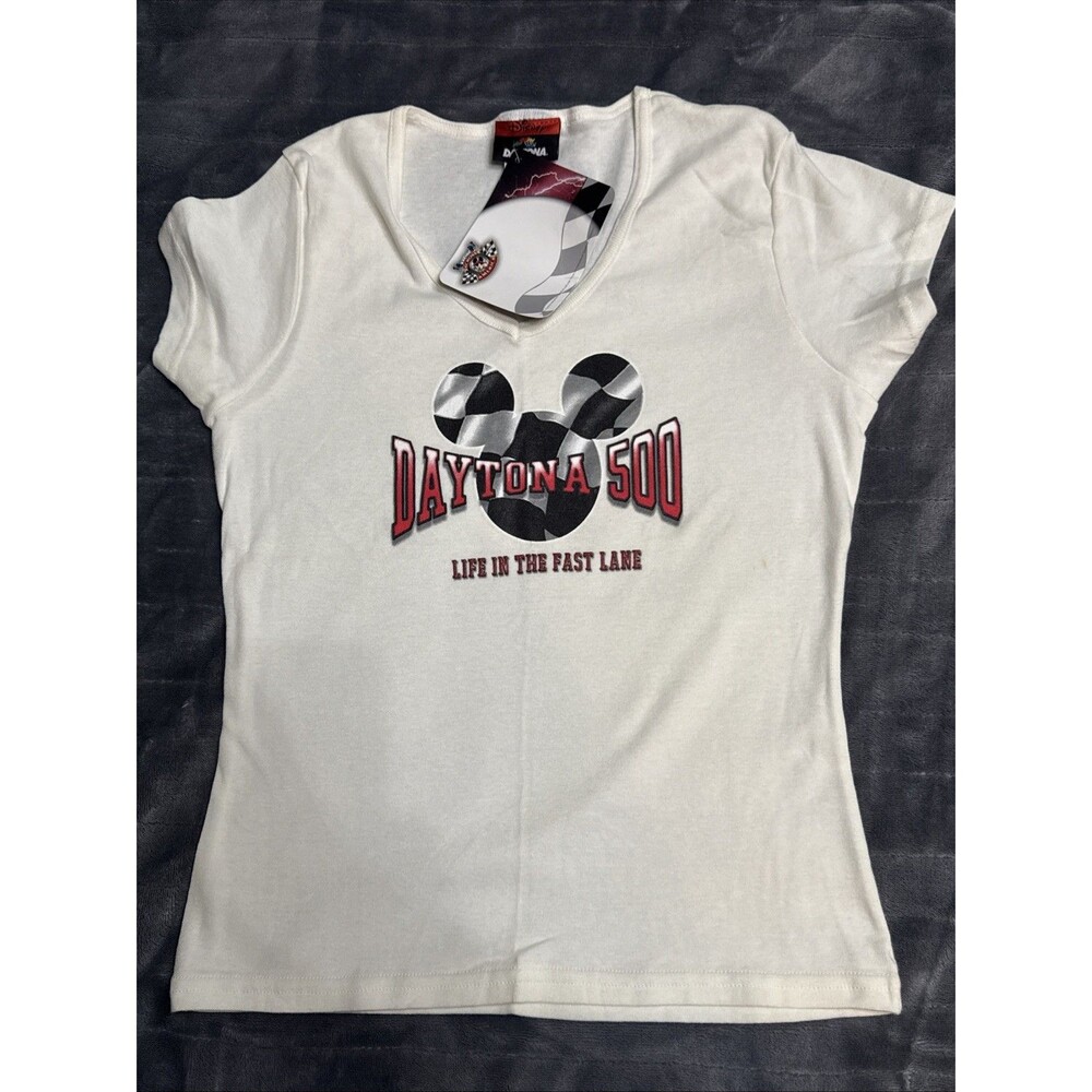 Womens Daytona 500 T-Shirt Mickey Mouse Ears Checkered Racing Flag Size S White